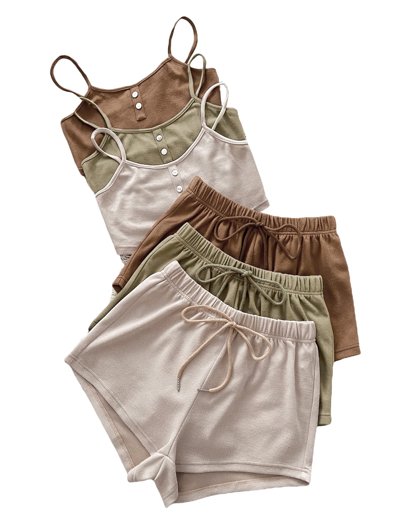 Verdusa Women's 6 Pieces Outfits Lounge Set Sleepwear Button Front Cami Top & Shorts Brown Green Apricot M