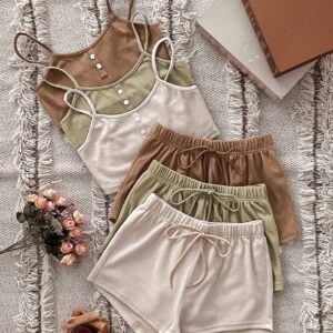 Verdusa Women's 6 Pieces Outfits Lounge Set Sleepwear Button Front Cami Top & Shorts Brown Green Apricot M