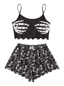 wdirara women's sleepwear skull print strap pajama set cami and shorts black bow l