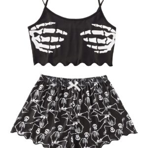 WDIRARA Women's Sleepwear Skull Print Strap Pajama Set Cami and Shorts Black Bow L