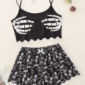 WDIRARA Women's Sleepwear Skull Print Strap Pajama Set Cami and Shorts Black Bow L