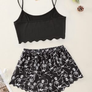 WDIRARA Women's Sleepwear Skull Print Strap Pajama Set Cami and Shorts Black Bow L