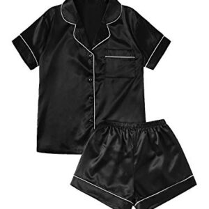 SweatyRocks Women's Short Sleeve Sleepwear Button Down Satin 2 Piece Pajama Set Black Small