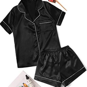 SweatyRocks Women's Short Sleeve Sleepwear Button Down Satin 2 Piece Pajama Set Black Small