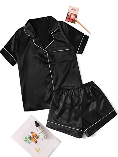 SweatyRocks Women's Short Sleeve Sleepwear Button Down Satin 2 Piece Pajama Set Black Small