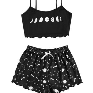 SOLY HUX Women's Cartoon Print Lettuce Trim Cami Top and Shorts Cute Pajama Set Sleepwear Black Star Moon L