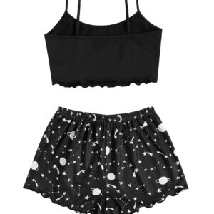 SOLY HUX Women's Cartoon Print Lettuce Trim Cami Top and Shorts Cute Pajama Set Sleepwear Black Star Moon L