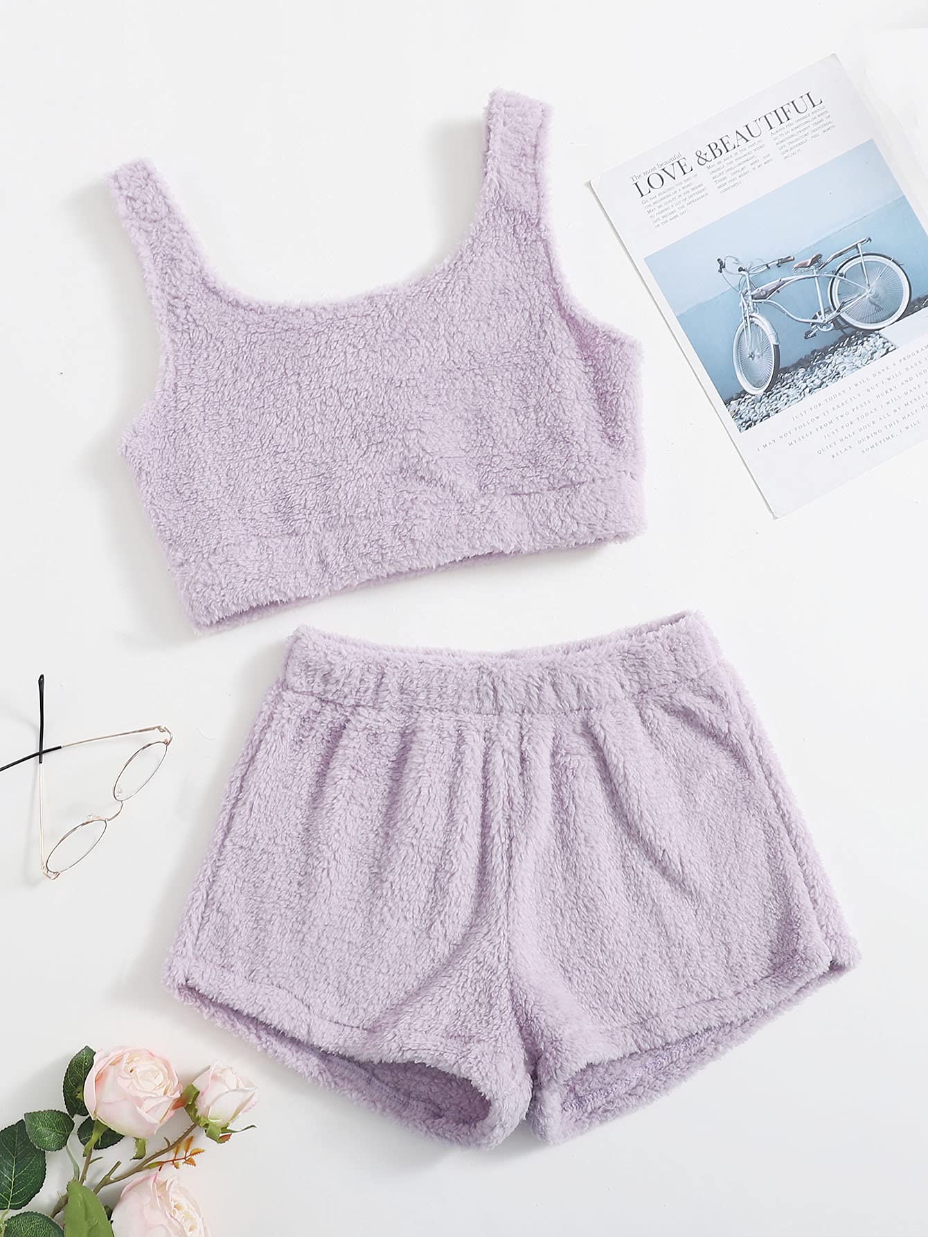 SweatyRocks Women's Fuzzy Pajamas Set Crop Tank Top with Shorts Loungewear Lilac Purple M