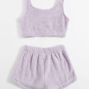 SweatyRocks Women's Fuzzy Pajamas Set Crop Tank Top with Shorts Loungewear Lilac Purple M