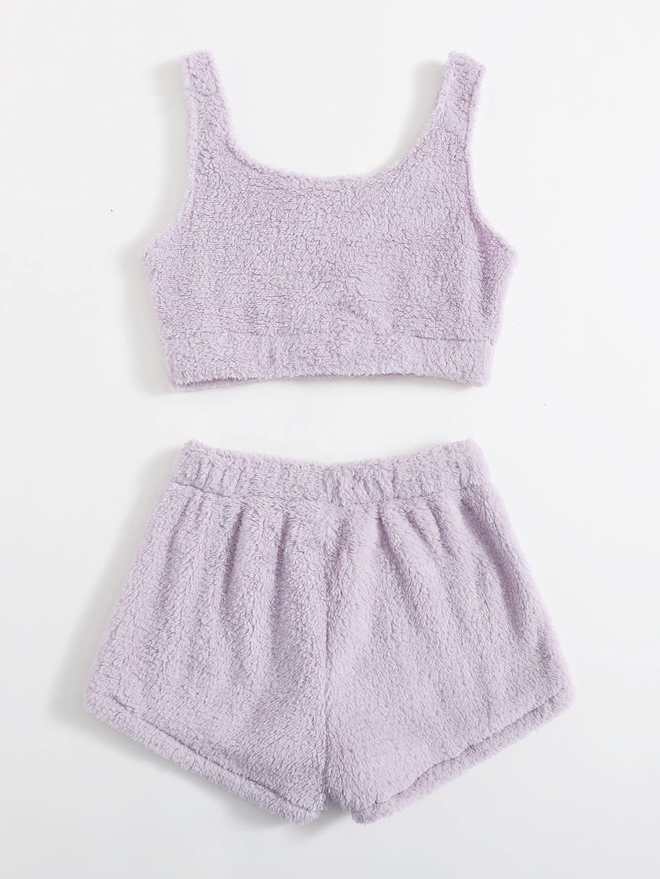 SweatyRocks Women's Fuzzy Pajamas Set Crop Tank Top with Shorts Loungewear Lilac Purple M