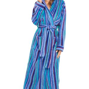 Alexander Del Rossa Women's Robes, Long Plush Bathrobe, Womens Robe with Hood, Hooded Robes for Women Plus Size Robe The Blues Striped XL (A0116ABQXL)