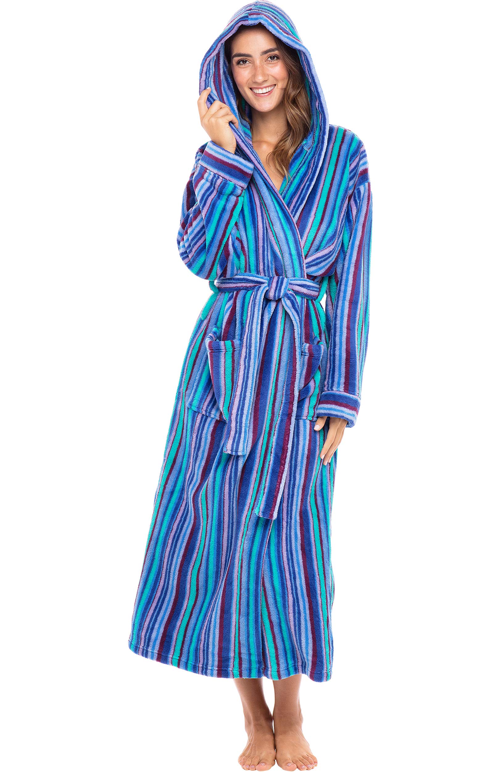 Alexander Del Rossa Women's Robes, Long Plush Bathrobe, Womens Robe with Hood, Hooded Robes for Women Plus Size Robe The Blues Striped XL (A0116ABQXL)