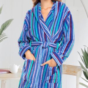 Alexander Del Rossa Women's Robes, Long Plush Bathrobe, Womens Robe with Hood, Hooded Robes for Women Plus Size Robe The Blues Striped XL (A0116ABQXL)