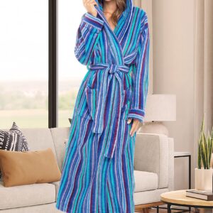 Alexander Del Rossa Women's Robes, Long Plush Bathrobe, Womens Robe with Hood, Hooded Robes for Women Plus Size Robe The Blues Striped XL (A0116ABQXL)