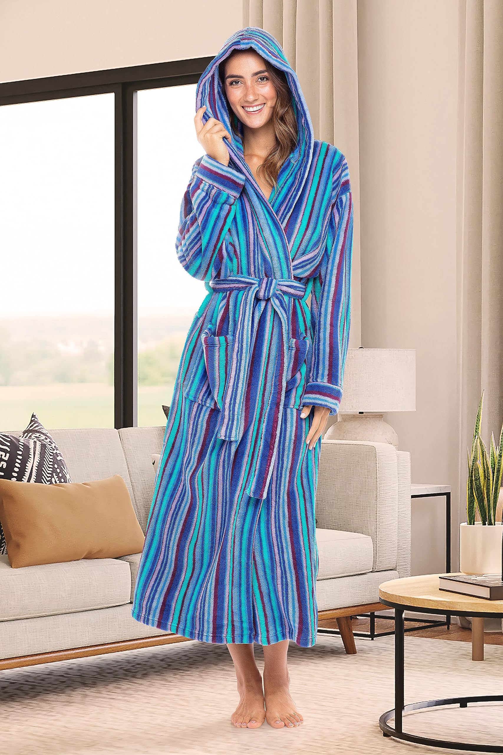 Alexander Del Rossa Women's Robes, Long Plush Bathrobe, Womens Robe with Hood, Hooded Robes for Women Plus Size Robe The Blues Striped XL (A0116ABQXL)