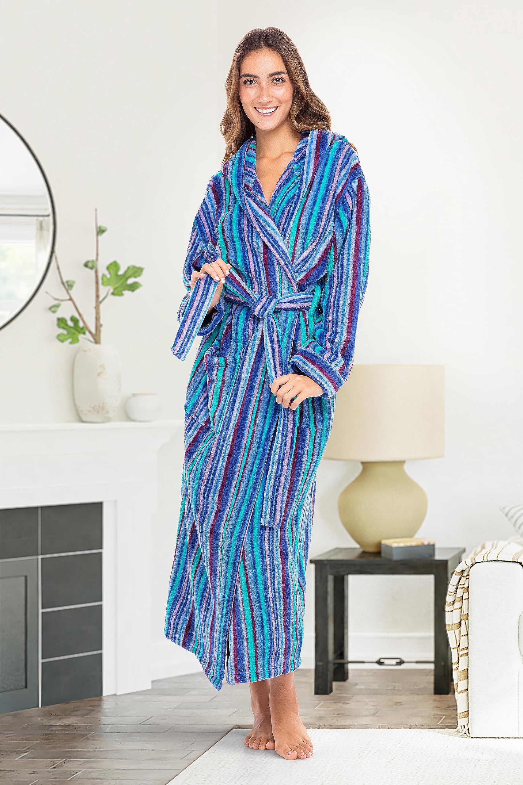 Alexander Del Rossa Women's Robes, Long Plush Bathrobe, Womens Robe with Hood, Hooded Robes for Women Plus Size Robe The Blues Striped XL (A0116ABQXL)