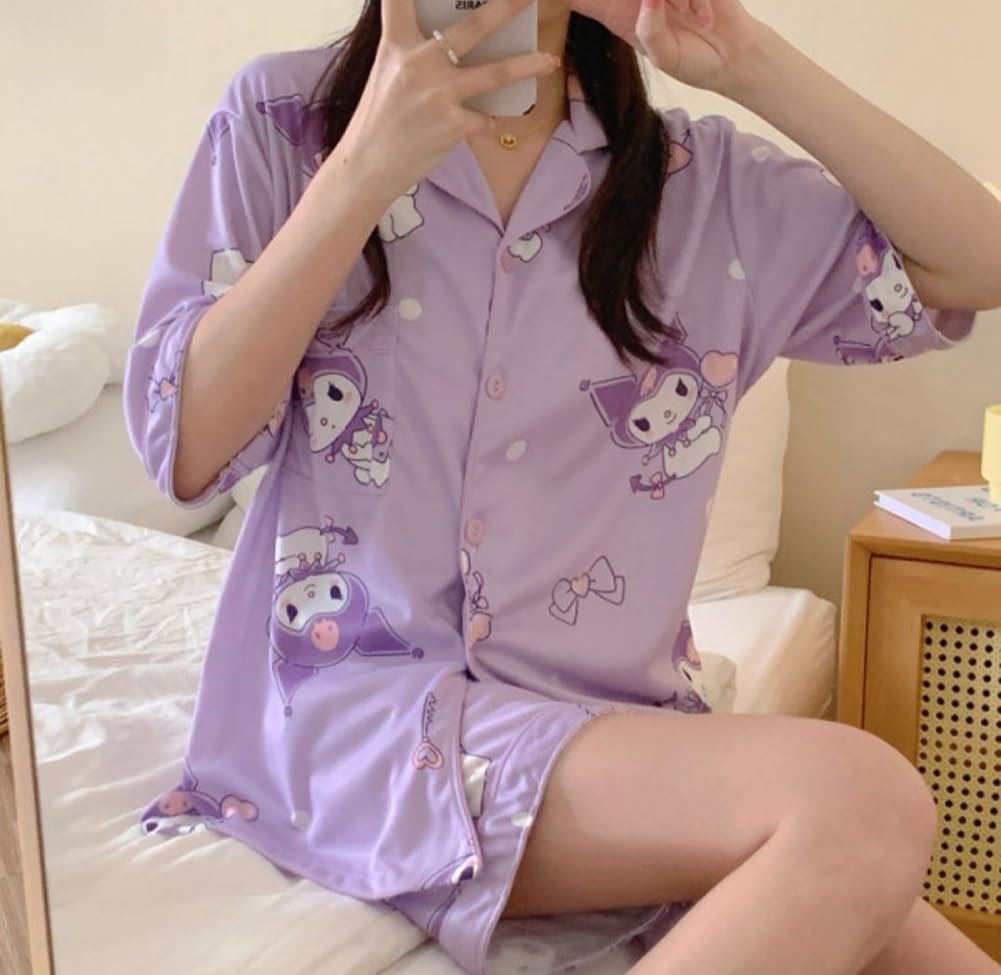 WANHONGYUE Kawaii Kuromi Pajamas for Women Girls Sleepwear Loungewear Short Sleeve Shirt with Shorts 2 Piece Pajama Sets Purple/1 M