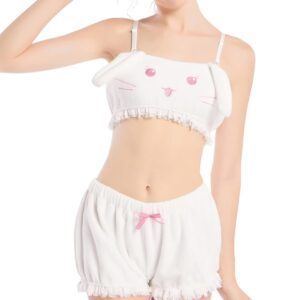 Landofgenie Kawaii Anime Cute Pajamas Set for Women Sweet Lovely Velvet Tube Top and Shorts Sleepwear Suits White XS