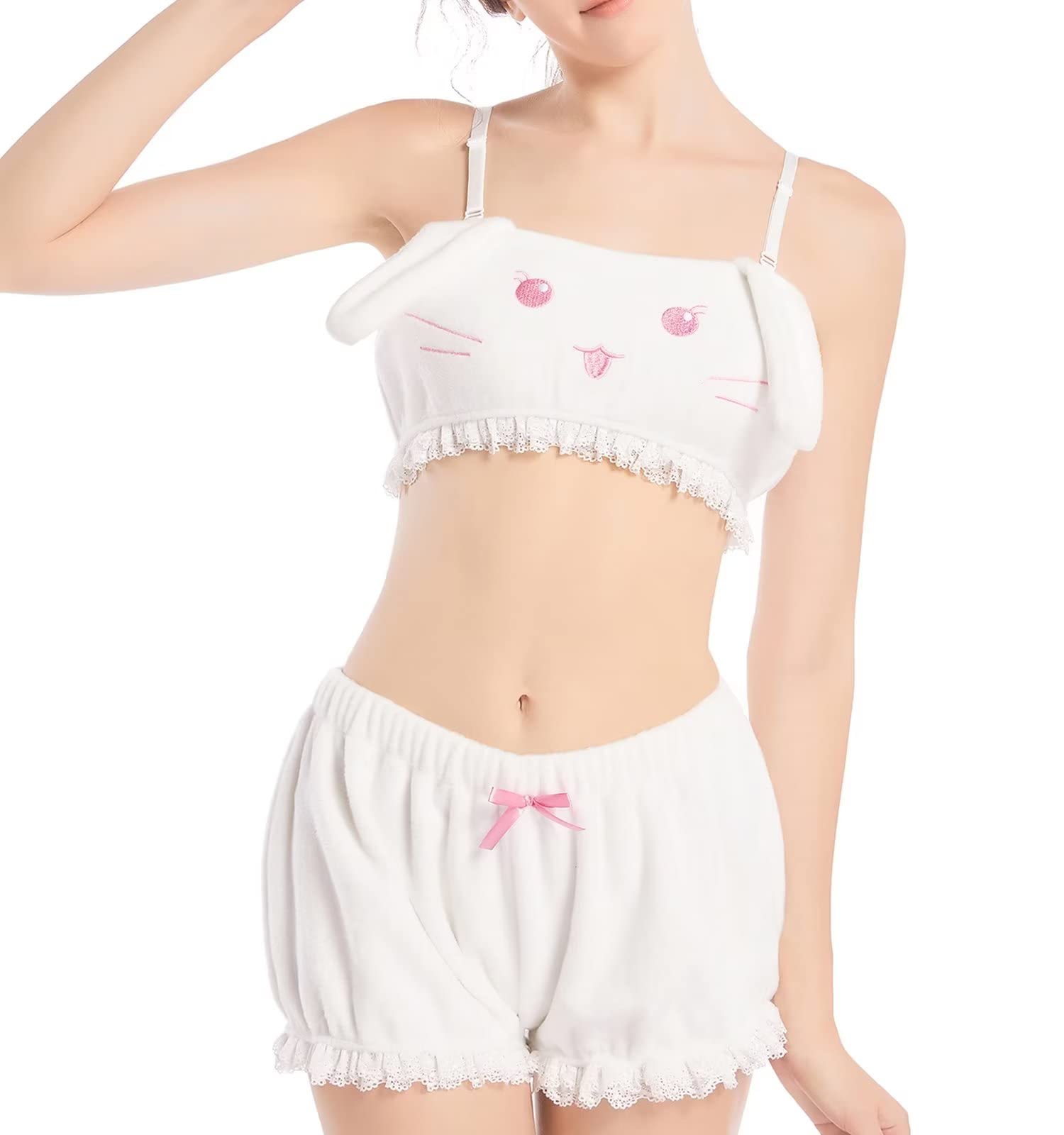 Landofgenie Kawaii Anime Cute Pajamas Set for Women Sweet Lovely Velvet Tube Top and Shorts Sleepwear Suits White XS