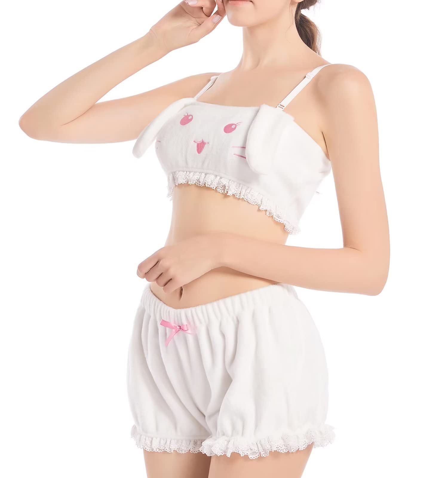 Landofgenie Kawaii Anime Cute Pajamas Set for Women Sweet Lovely Velvet Tube Top and Shorts Sleepwear Suits White XS