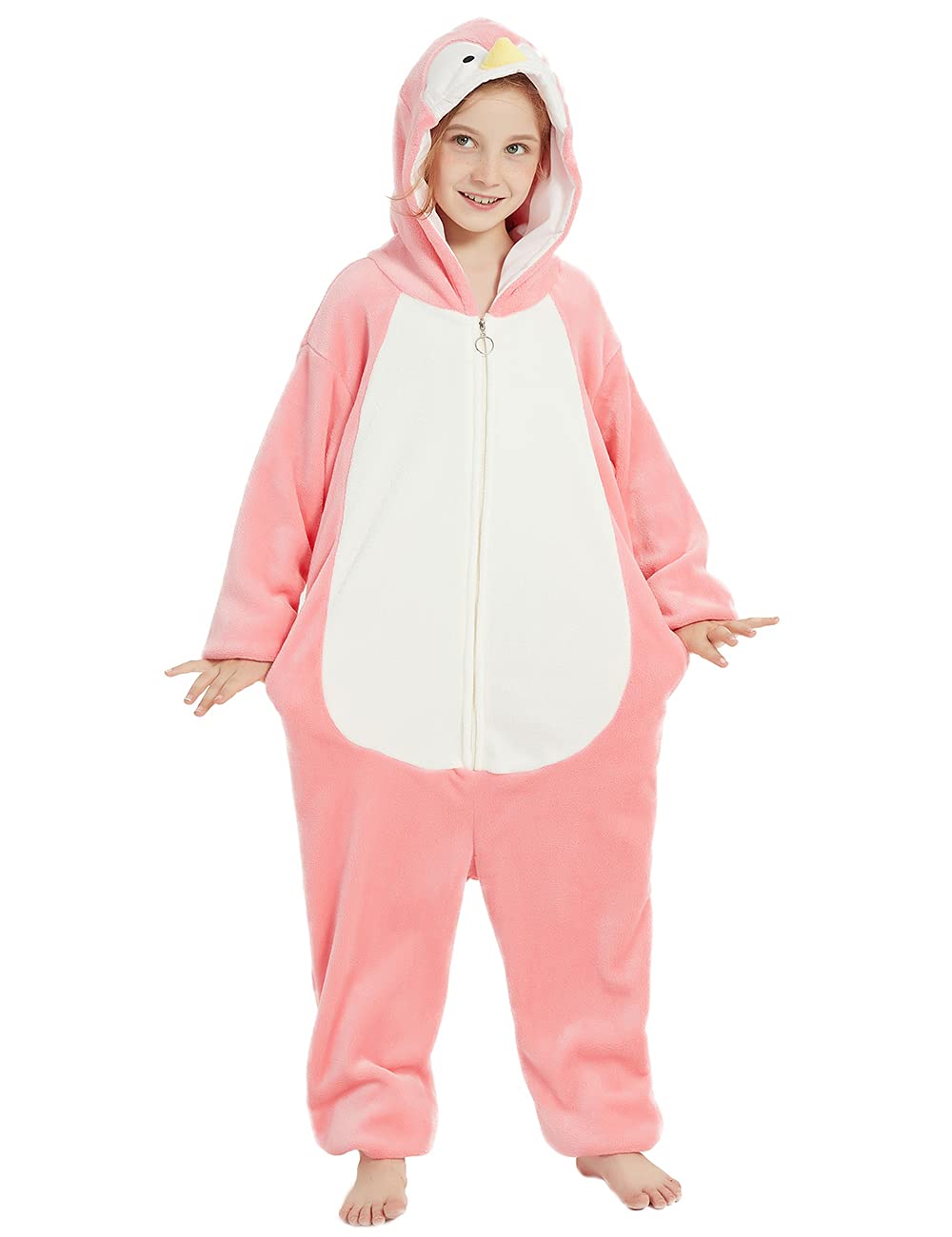 ABENCA Penguin Onesie Kids Animal Costume Girls Pajamas One Piece Plush Sleepwear Cosplay Halloween Christmas.Pink.120