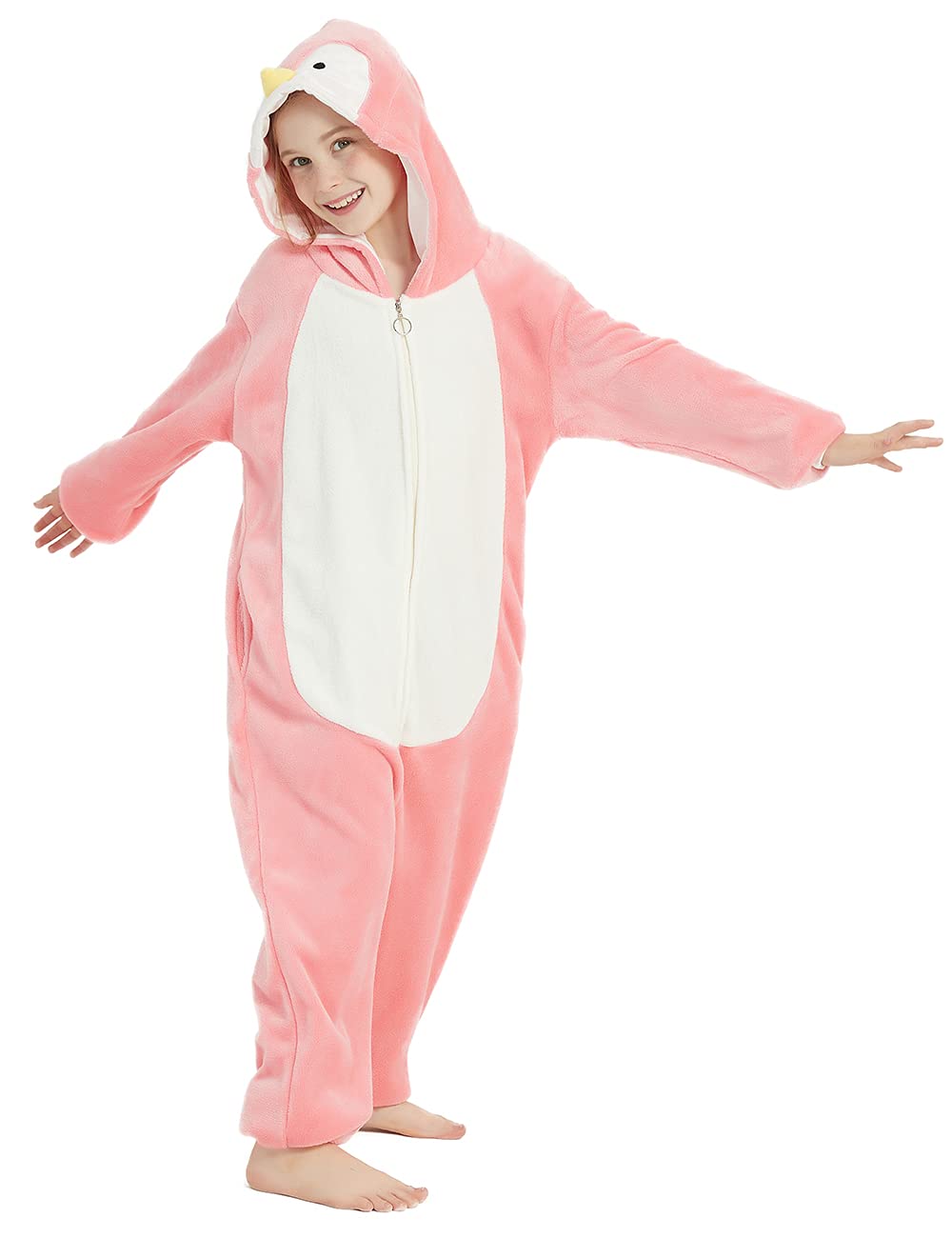 ABENCA Penguin Onesie Kids Animal Costume Girls Pajamas One Piece Plush Sleepwear Cosplay Halloween Christmas.Pink.120