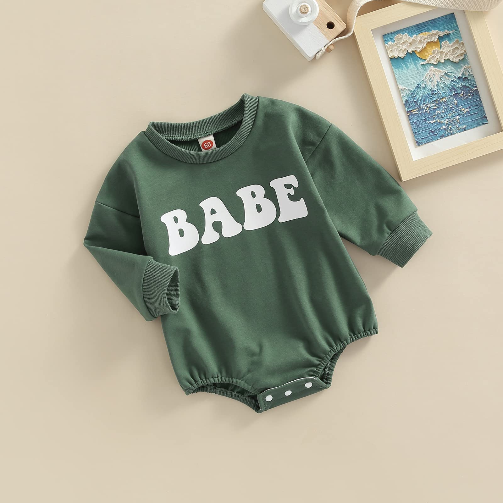 Lamuusaa Newborn Baby Girl Boy Clothes Crewneck Sweatshirt Romper Babe/Rainbow Pullover Sweater Shirts Oversized Fall Clothes (Babe-Green, 6-12 Months)