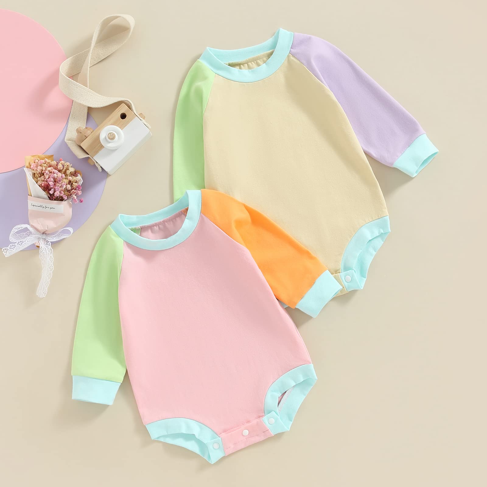 JLKGICF Baby Girl Boy Color Block Sweatshirt Long Sleeve Crewneck Sweater Romper Oversized Onesie Outfit Cute Fall Clothes(D-Green&Orange&Pink, 18-24 Months)