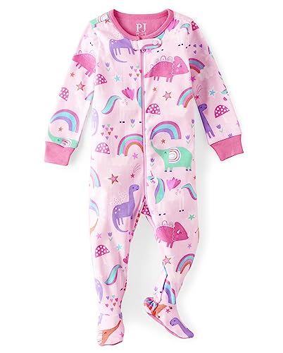 The Children's Place Baby Girls' and Toddler Snug Fit 100% Cotton Zip-Front One Piece Footed Pajama, Dinocorns