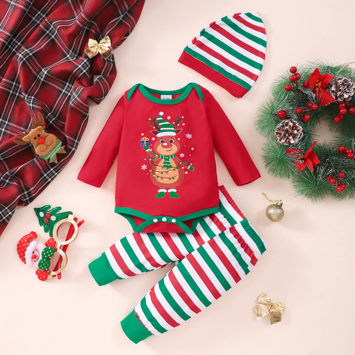 NUBEEHOHO Christmas Reindeer Outfit for Newborn Baby Long Sleeve Bodysuit Novelty Clothing Set 12-18 Month