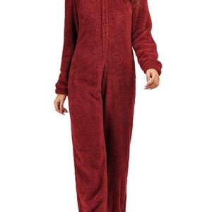 chouyatou Women's Ultra Comfy Lounge Furry Sherpa Romper Onesie Pajamas Cute Ear Hood (Medium, Red)