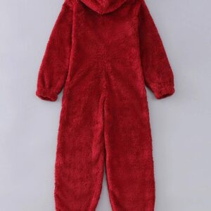 chouyatou Women's Ultra Comfy Lounge Furry Sherpa Romper Onesie Pajamas Cute Ear Hood (Medium, Red)