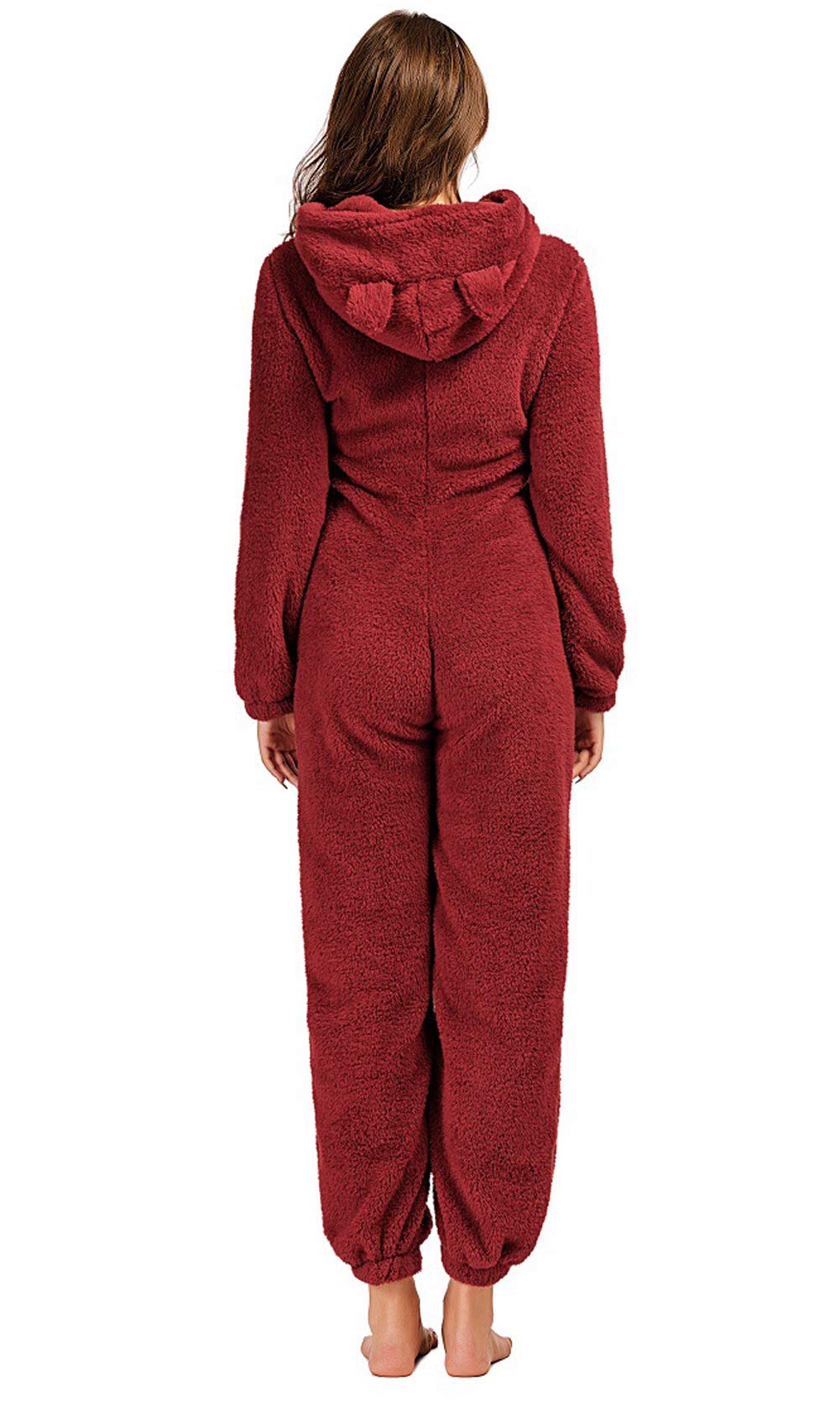 chouyatou Women's Ultra Comfy Lounge Furry Sherpa Romper Onesie Pajamas Cute Ear Hood (Medium, Red)