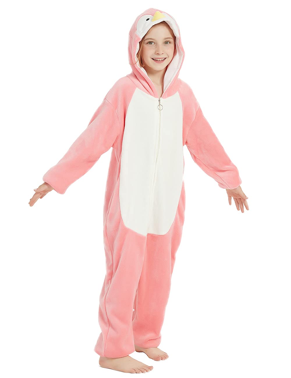 ABENCA Penguin Onesie Kids Animal Costume Girls Pajamas One Piece Plush Sleepwear Cosplay Halloween Christmas.Pink.140