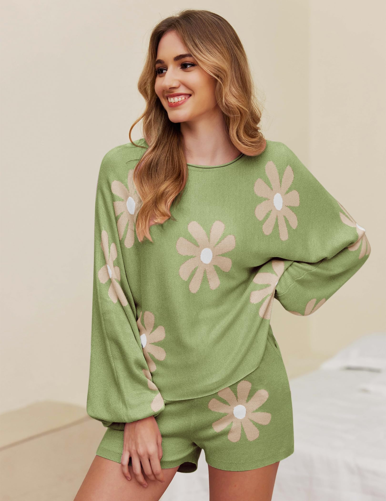 Ekouaer Knit Pajamas Set for Women Lounge Sets 2 Piece Long Sleeve Top and Shorts Pj Soft Sleepwear Cute Sweater Outfits Floral Green S