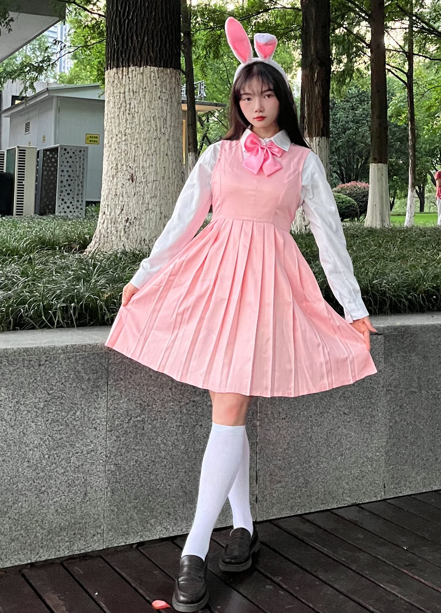 Classic Japanese School Girls Sailor Suit Dress Shirt Skirt JK Kawaii Anime Bunny Ears Cosplay Costumes Socks Bow Set Pink L