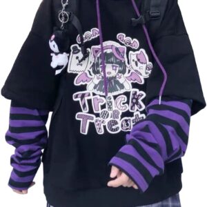 EMILYLE Womens Girls Japanese Style Hoodie Cute Pattern Print Sweatshirt Fashion Kawaii Anime Pullover(1purple-1,2XL)