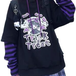 EMILYLE Womens Girls Japanese Style Hoodie Cute Pattern Print Sweatshirt Fashion Kawaii Anime Pullover(1purple-1,2XL)