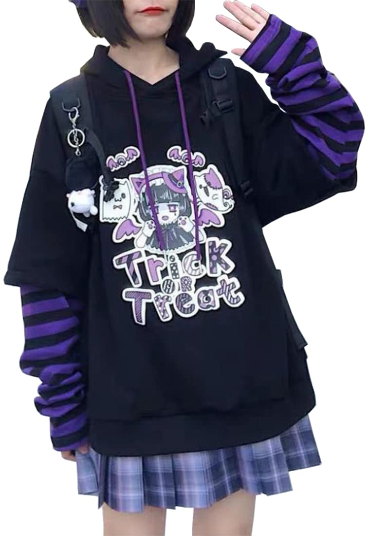 EMILYLE Womens Girls Japanese Style Hoodie Cute Pattern Print Sweatshirt Fashion Kawaii Anime Pullover(1purple-1,2XL)