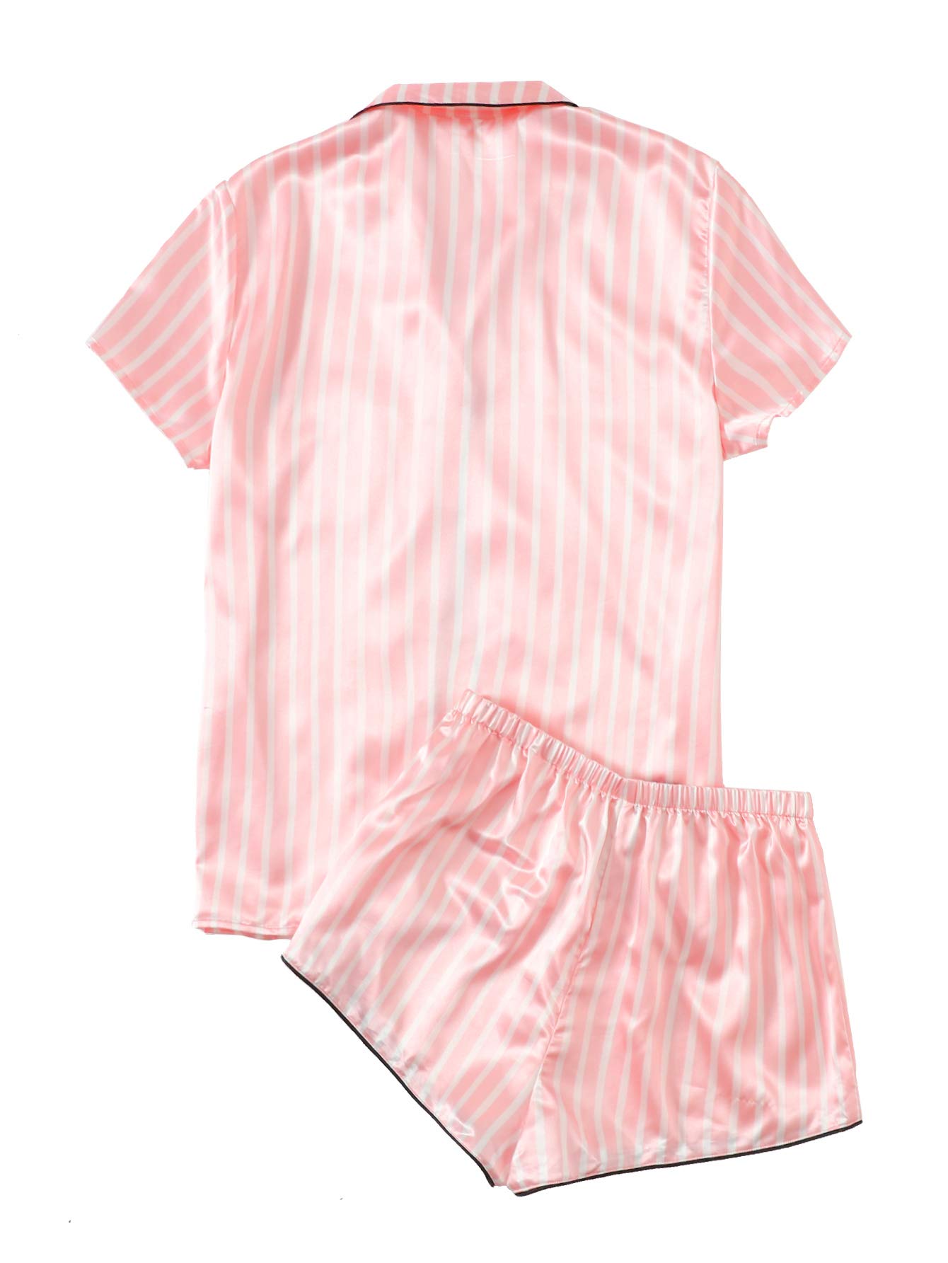 WDIRARA Women's Satin Sleepwear Short Sleeve Button Shirt and Shorts Pajama Set Silky PJ Striped Pink M