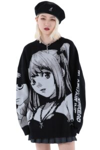 fellvishk anime girl figure sweater graphic long sleeve oversize knitwear sweatshirt unisex 3d(black, x-large)