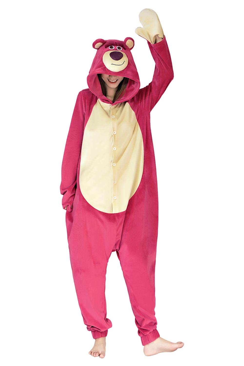 Ruleewe Unisex Bear Onesie Pajamas Pink Bear One Piece Cosplay Animal Hooded Velvet Jumpsuit Sleepwear