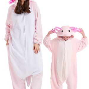 DELEY Unisex Pink Axolotl Onesie Kid Pajamas, Flannel Animal One Piece Costume Sleepwear Halloween Cosplay Homewear