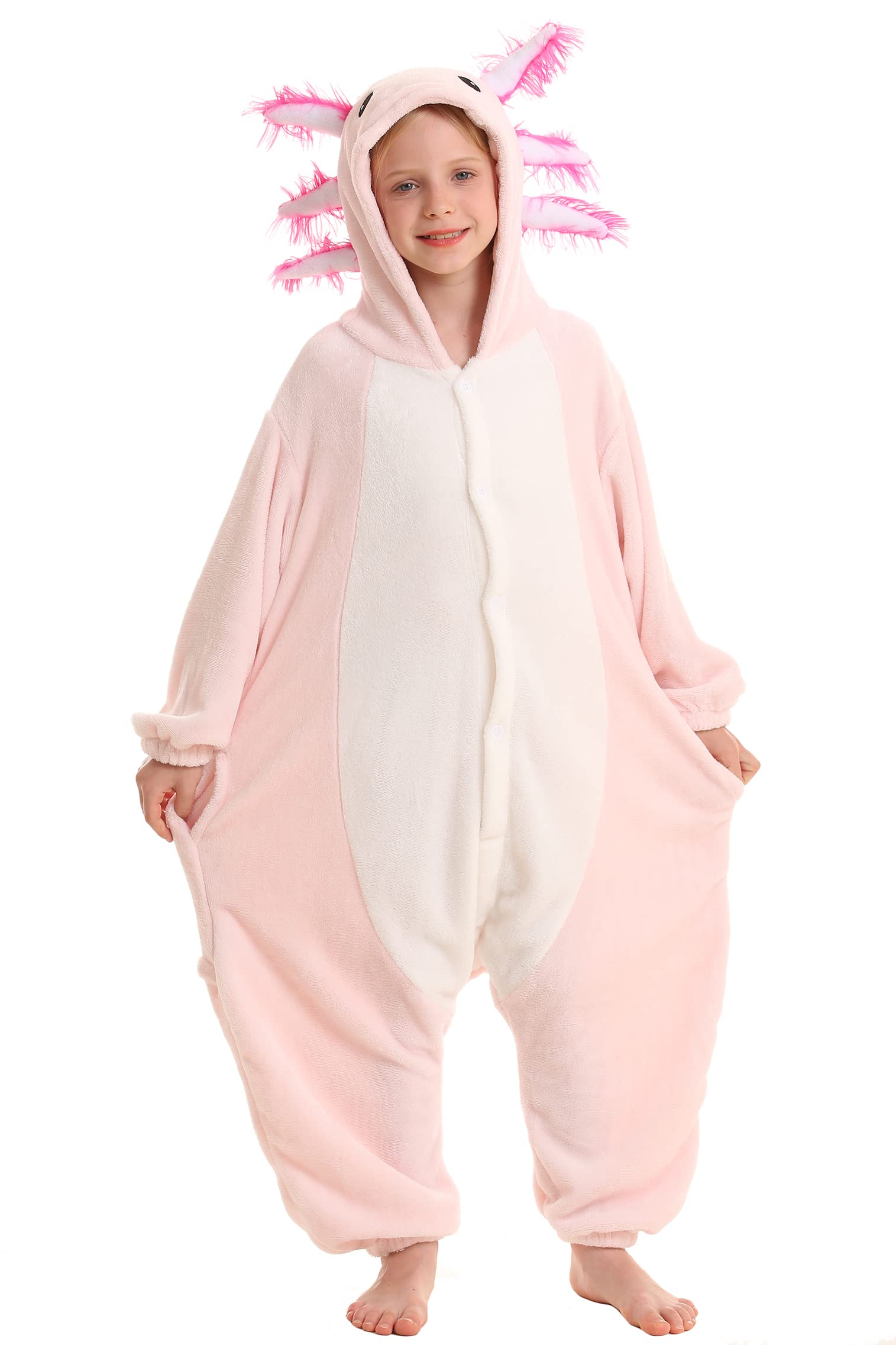 DELEY Unisex Pink Axolotl Onesie Kid Pajamas, Flannel Animal One Piece Costume Sleepwear Halloween Cosplay Homewear