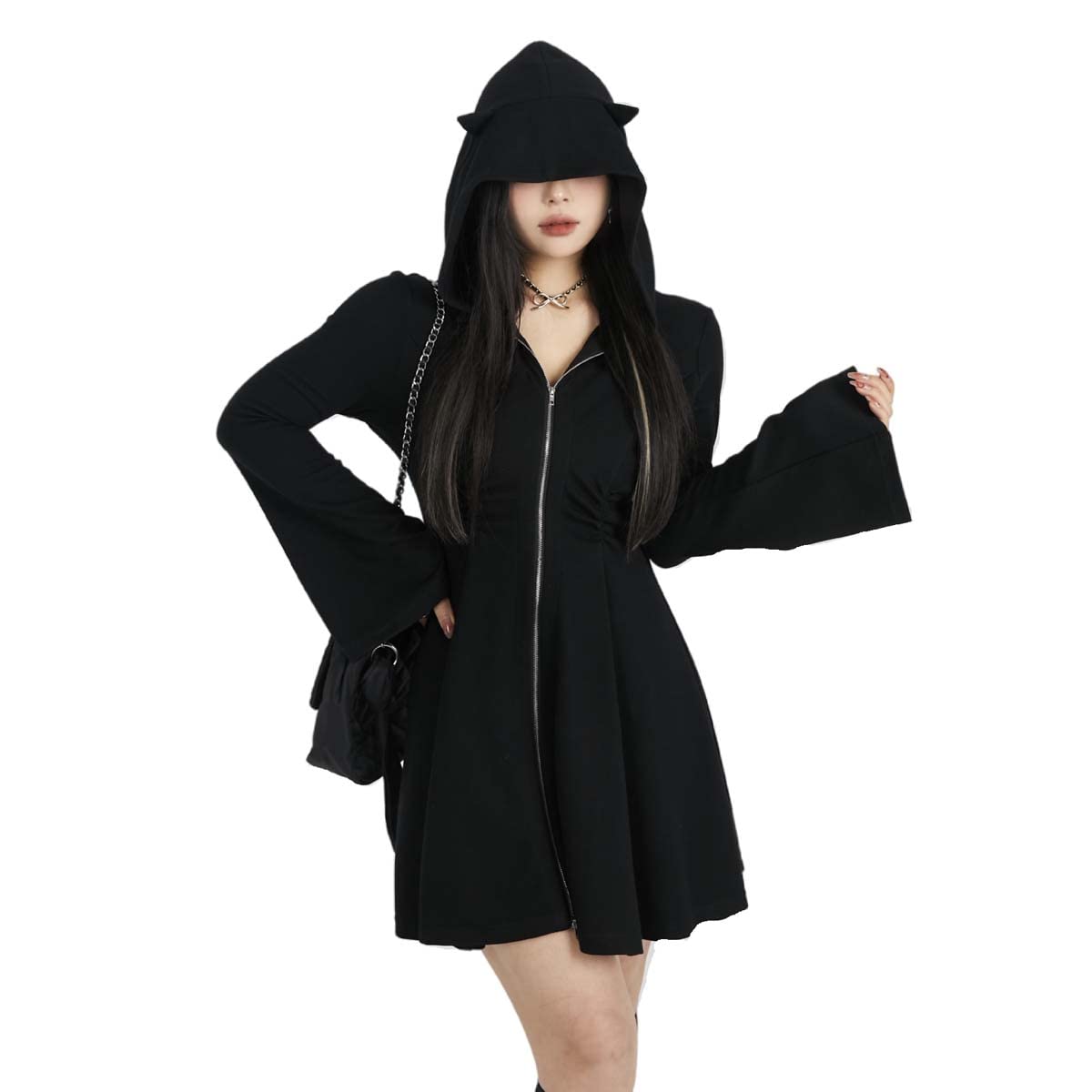 MLAFE Gothic Hooded Little Black Dress Autumn and Winter Waist Hooded Sweater Dress Doll Sleeve Slim Dress Harajuku Dress (S)