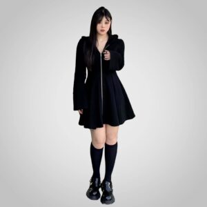 MLAFE Gothic Hooded Little Black Dress Autumn and Winter Waist Hooded Sweater Dress Doll Sleeve Slim Dress Harajuku Dress (S)