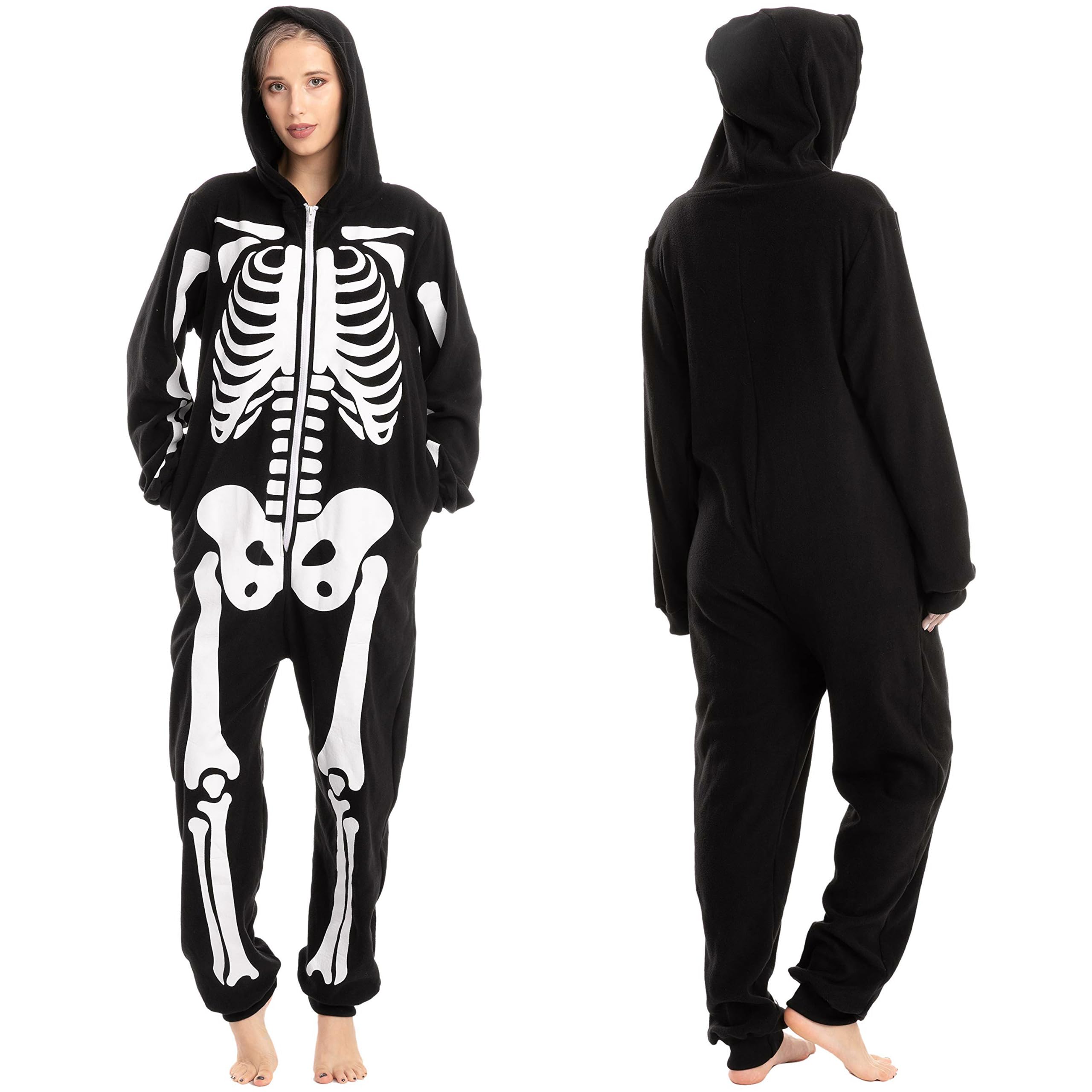 Spooktacular Creations Unisex Skeleton jumpsuit Pajama Plush Skeleton Jumpsuit Zippered Halloween Hoody Pajama for Adult Sleepwear Costume(Small) Black