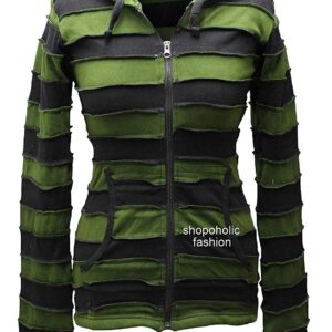 Shopoholic Fashion Women Pixie Zip Up Hoodie Striped Hippie Jacket Sweater [2XL,Green Black]