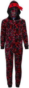 only boys’ fleece hooded one piece pajama costume - sharks dino cyclopes sloth (6-14), size 12-14, red/black camo ninja