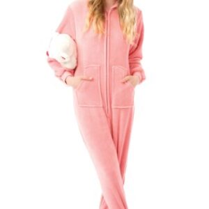 One Piece Hooded Plush Footed Pajamas Onesie for Men & Women Pink